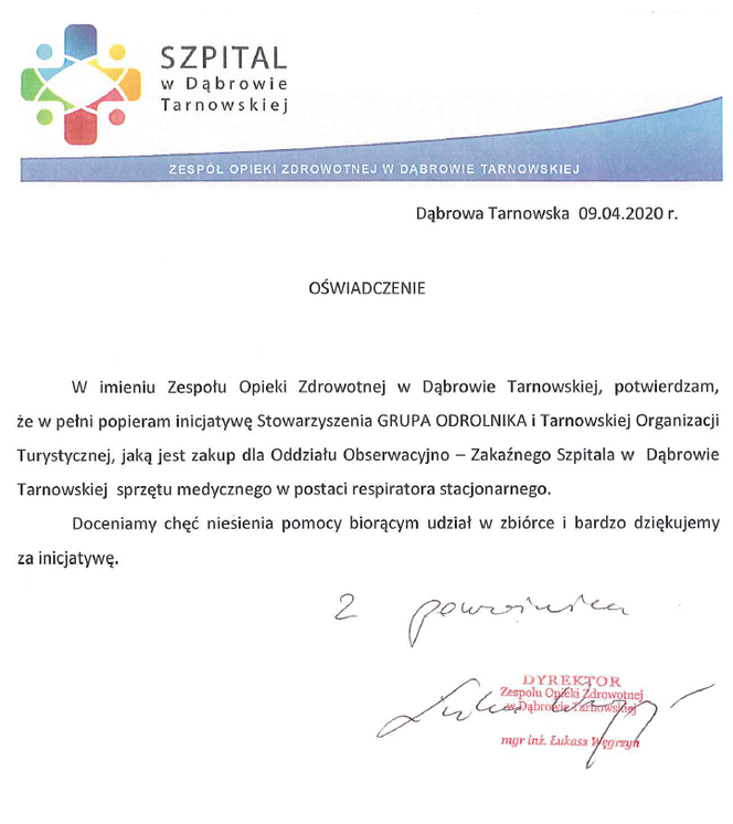 Pismo ze szpitala w Dąbrowie Tarnowskiej