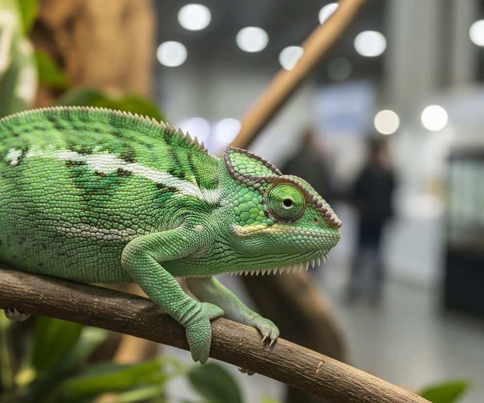 Zielony kameleon z ciemnozielonymi plamami i białymi pasami na grzbiecie spoczywa na brązowej gałęzi. Jego skóra ma wyraźną, ziarnistą teksturę, a grzbiet i dolna szczęka są obramowane małymi, ostrymi kolcami. Duże, zielone oko jest skupione, otoczone brązowawo-różowym pierścieniem. W tle widoczne są rozmyte zielone liście oraz niewyraźne, jasne punkty świetlne i sylwetki ludzi w oddali.