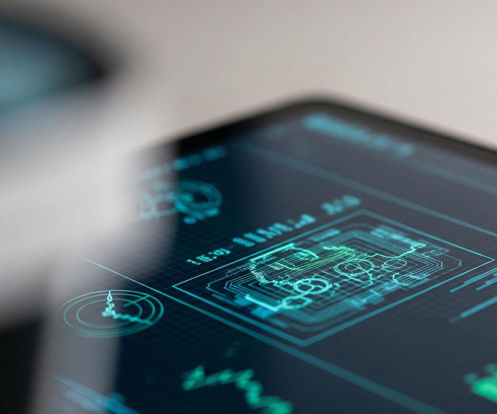 Główny plan przedstawia fragment ekranu urządzenia elektronicznego, prawdopodobnie tabletu lub monitora, ustawionego pod kątem. Na ciemnym tle ekranu widoczne są grafiki i dane w odcieniach turkusu i zieleni, wyglądające jak interfejs futurystycznej aplikacji lub systemu. W centrum kadru dominuje prostokątny obszar z złożonym schematem, przypominającym układ scalony lub plan techniczny, otoczony mniejszymi okręgami i liniami. Po lewej stronie tego centralnego schematu widać radarowy okrąg z biegnącą linią, a dalej na lewo i u góry pojawiają się cyfry i litery, choć są one nieco rozmyte. Prawa część ekranu wypełniona jest pionowymi słupkami i wykresami liniowymi, zmieniającymi kolor od zielonego do niebieskiego, sugerującymi prezentację danych. Całość jest sfotografowana z płytką głębią ostrości, z elementami poza ekranem, w tym refleksami świetlnymi i rozmyciem, tworzącymi abstrakcyjne tło po lewej stronie obrazu.