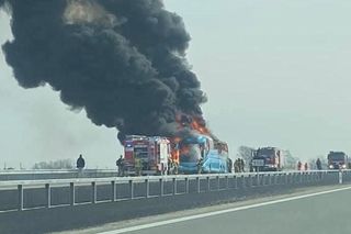 Na A2 na wysokości Broszkowa zapalił się autobus turystyczny