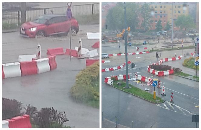 Ulewa w Olsztynie. Zalane ulice, tymczasowe ronda na Krasickiego się rozpłynęły [ZDJĘCIA]