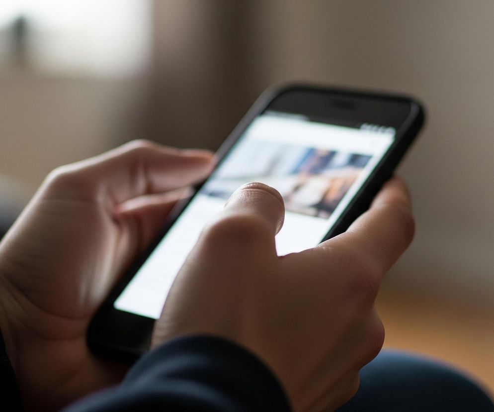 Osoba trzyma w obu dłoniach czarny smartfon, którego jasny ekran zajmuje centralną część kadru. Lewy kciuk, częściowo widoczny na pierwszym planie, dotyka ekranu, sugerując interakcję z zawartością wyświetlacza. Na ekranie widać rozmyte obrazy i tekst, prawdopodobnie fragmenty strony internetowej lub aplikacji. Tło jest niewyraźne, z widocznymi jasnymi i ciemnymi plamami, co sugeruje wnętrze pomieszczenia.