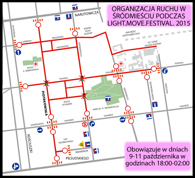 Tak będzie wyglądał ruch w Centrum Łodzi podczas Festiwalu Światła 2015