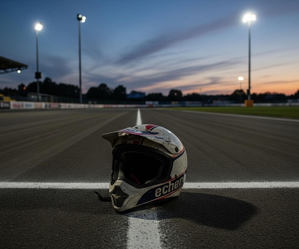Na pierwszym planie, centralnie, leży biały kask motocyklowy z niebieskimi i czerwonymi akcentami, częściowo pokryty brudem, na asfalcie toru wyścigowego. Przez tor przebiega wyraźna, biała linia, biegnąca od lewej do prawej strony kadru, za kaskiem. W tle rozciąga się tor żużlowy o ciemnoszarym kolorze, a dalej widoczne są trybuny z żółtymi i niebieskimi siedzeniami oraz jasne maszty oświetleniowe, emitujące silne, białe światło. Zachmurzone niebo w tle stopniowo przechodzi od granatowego u góry do pomarańczowo-różowego przy horyzoncie.
