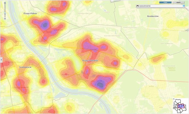 mapa gęstości zaludnienia Pragi-Południe w Warszawie
