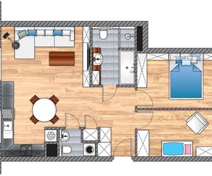 Nowoczesne 63-metrowe mieszkanie z drewnem i kolorem
