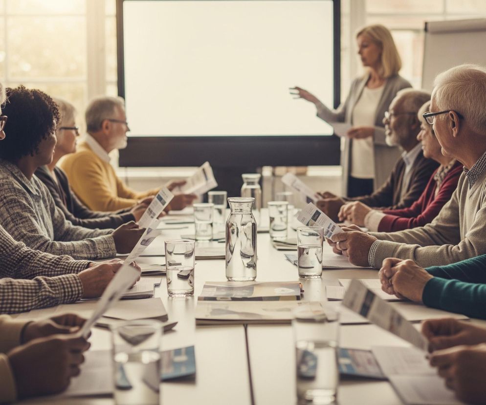 W centralnej części obrazu znajduje się długi stół konferencyjny, przy którym siedzi kilkanaście osób. Na stole widoczne są szklanki z wodą, karafka oraz rozłożone dokumenty i broszury, które część uczestników trzyma w dłoniach. Po prawej stronie, za stołem, stoi kobieta o blond włosach, ubrana w jasną marynarkę, która prezentuje coś na dużym, pustym białym ekranie, gestykulując w jego kierunku. W tle, za ekranem i stołem, widoczne są okna, przez które wpada jasne, rozproszone światło.