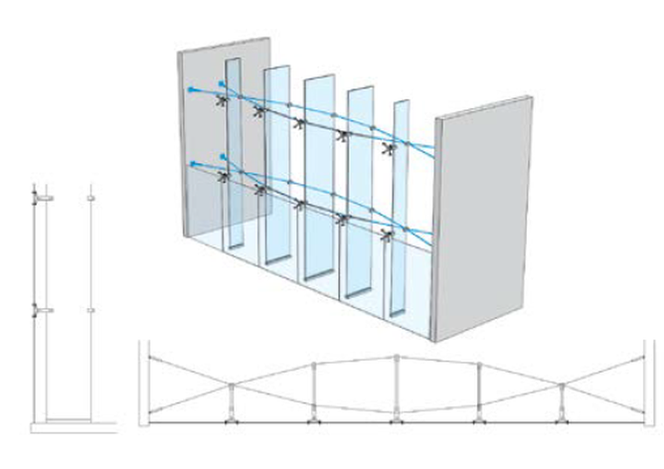 Konstrukcja fasady o zróżnicowanej szerokości żeber stężonych cięgnami