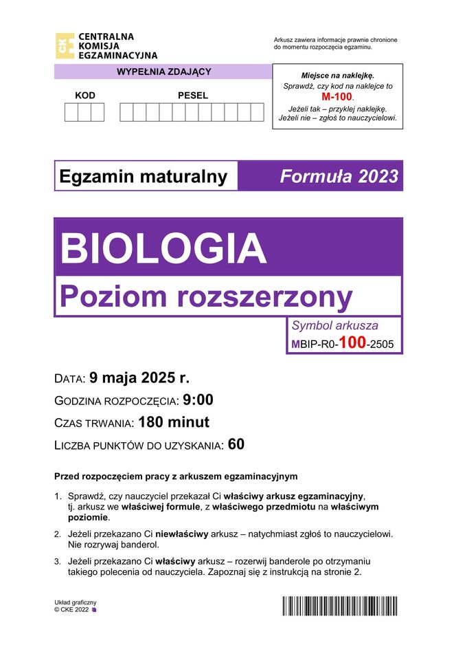 Matura 2025: biologia 9.05.2025. Arkusze CKE i odpowiedzi [Formuła 2023]