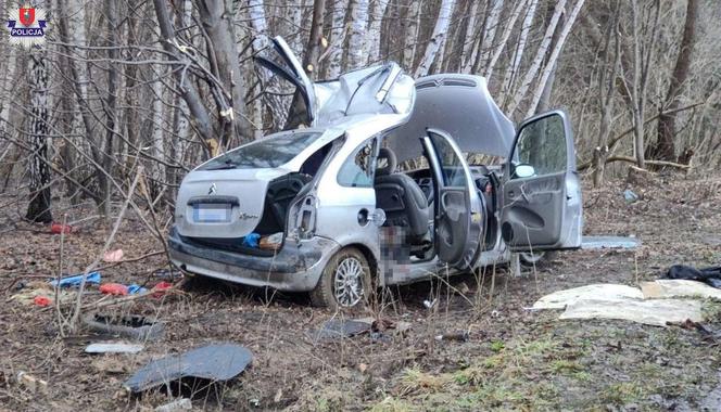 Tragiczny wypadek w Zrąbie w pow. zamojskim. Auto roztrzaskało się na drzewie