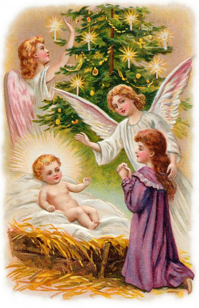 Szopka z aniołami, Dzieciątkiem Jezus i modlącą się młodą dziewczyną, ilustracja z 1907 roku.