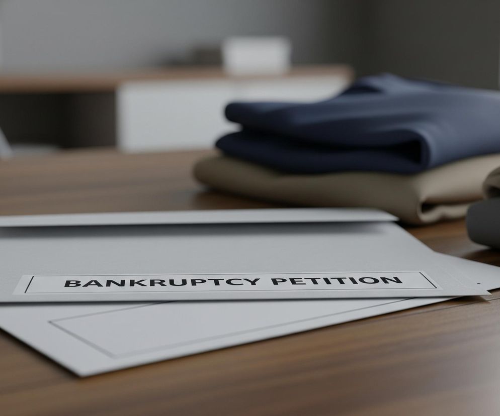 Na pierwszym planie, na drewnianym blacie stołu, leży szara koperta z białą naklejką, na której czarnymi, dużymi literami widnieje napis BANKRUPTCY PETITION. Koperta jest częściowo otwarta, a pod nią znajduje się kolejna biała kartka papieru. Za kopertą, po prawej stronie blatu, ułożone są w stos złożone ubrania: ciemnoniebieskie, jasnobrązowe i szare. Tło jest rozmyte, widoczny jest fragment pomieszczenia z niewyraźnym meblem, być może komodą, oraz ciemne, prostokątne okno po prawej stronie.