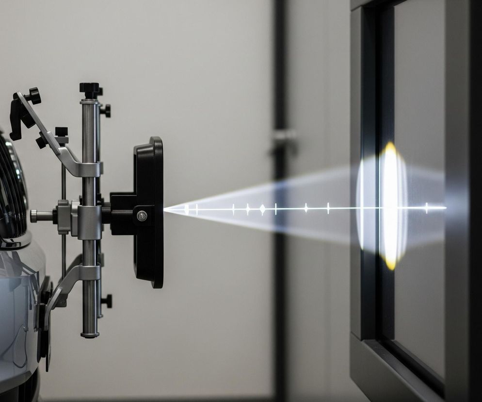 Lewa część obrazu przedstawia fragment przodu srebrnego samochodu, z widocznym reflektorem i fragmentem zderzaka. Do samochodu przymocowany jest element pomiarowy na metalowym statywie, skierowany w prawo. Ze statywu wychodzi wiązka światła z białymi znacznikami w kształcie plusów, która pada na czarny, pionowy ekran po prawej stronie. Ekran ma jasny, żółtawy odbłysk w miejscu padania wiązki. Całość dzieje się w jasnym, neutralnym wnętrzu.