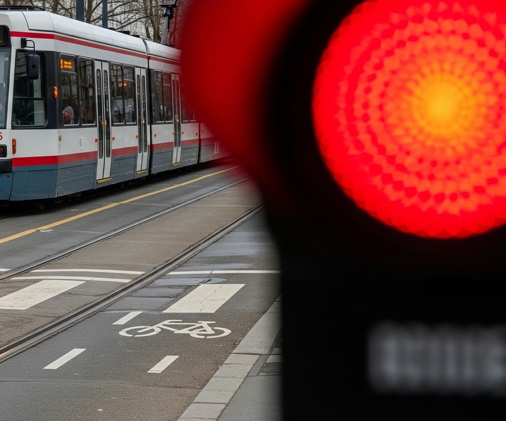 Prawa część kadru zdominowana jest przez dużą, rozmazaną czerwoną plamę świetlną, będącą zapewne światłem sygnalizacyjnym. Po lewej stronie, w tle, widoczny jest tramwaj w kolorach białym, czerwonym i niebieskim, z numerem 15 na wyświetlaczu i numerem 263 na dole. Tramwaj stoi na torach, które przecinają mokrą asfaltową drogę z namalowanymi białymi pasami dla pieszych i symbolem roweru, wskazującym ścieżkę rowerową.