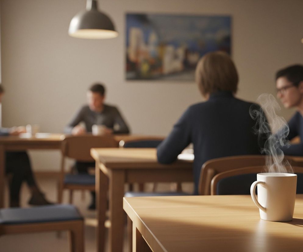 Na pierwszym planie, z prawej strony, na drewnianym stole stoi biały kubek, z którego unosi się para. Stół ma jasnobrązowy blat, na którym widać cienie. W tle, na tym samym stole i na innych, podobnych, siedzi kilka rozmytych postaci ludzkich. Pomieszczenie oświetla naturalne światło wpadające przez okno po lewej stronie oraz dwie wiszące lampy sufitowe. Na ścianie w tle wisi nieostry obraz przedstawiający prawdopodobnie krajobraz miejski.