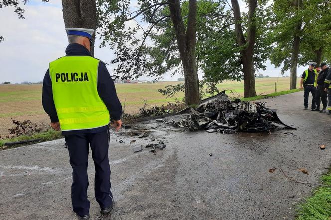 Tragiczny wypadek porsche w Olszewie. Auto spłonęło, dwaj biznesmeni nie żyją [ZDJĘCIA]