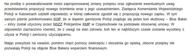 Stanowisko Komendy Wojewódzkiej Policji w Katowicach w sprawie konia Blue Bakera