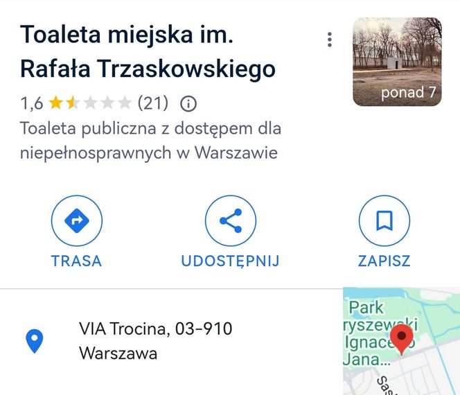 To najsłynniejsza toaleta w Polsce! "Toaleta miejska im. Rafała Trzaskowskiego" w Mapach Google