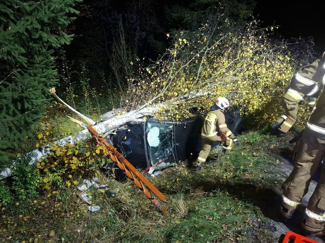 Auto wbiło się w przydrożne drzewo. Strażacy wycinali szybę piłą szablastą 