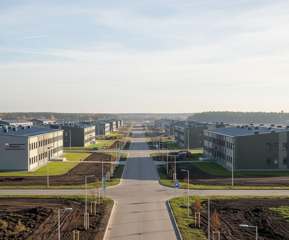 Długa, prosta droga biegnie przez środek kompozycji, otoczona po obu stronach rzędami identycznych, nowoczesnych budynków o ciemnych dachach i elewacjach w odcieniach szarości. Przed budynkami widać zielone trawniki oraz pasy świeżo zaoranego brązowego gruntu, a wzdłuż drogi rozmieszczone są latarnie uliczne i młode drzewka. W oddali, na horyzoncie, rozciąga się pas lasu, a nad całością unosi się jasne, nieco zamglone niebo.