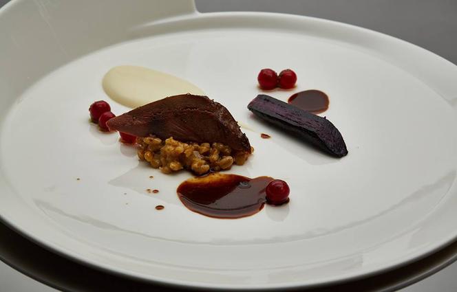 Gołąb z grasicą, sosem grzybowym, porzeczką i kaszą pęczak