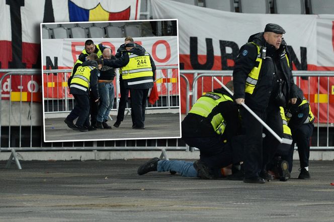 Sceny na trybunach! Polski kibic zatrzymany tuż przed meczem z Litwą. Ominął barierki z flagą