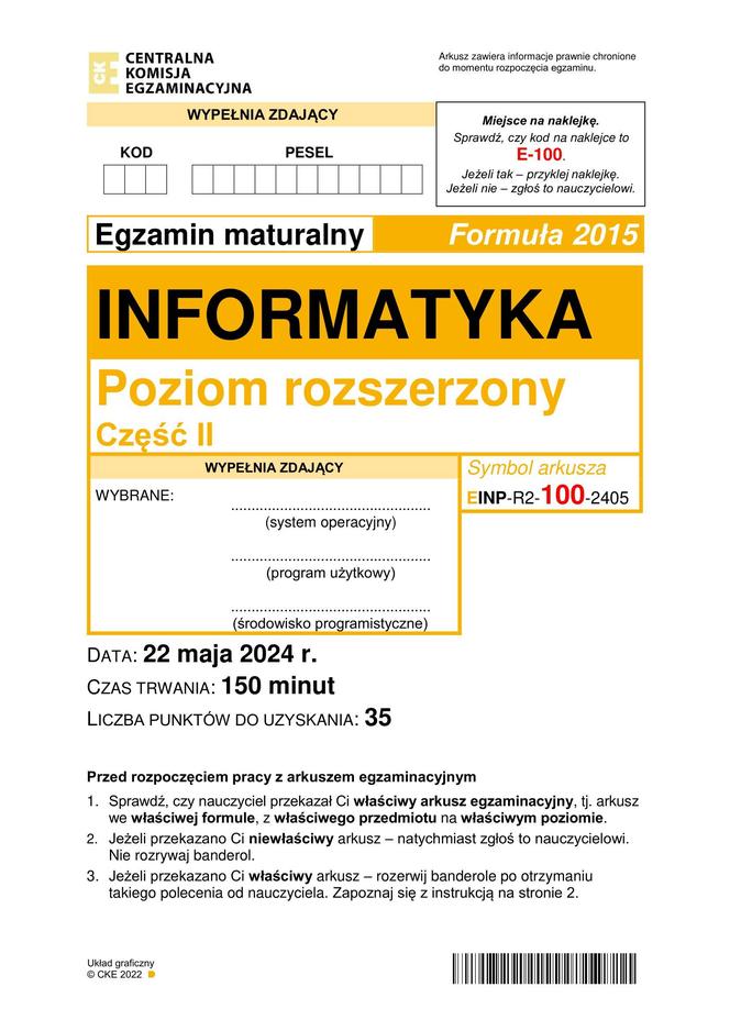 Matura 2024. INFORMATYKA poziom rozszerzony ARKUSZ CKE stara formuła 2015