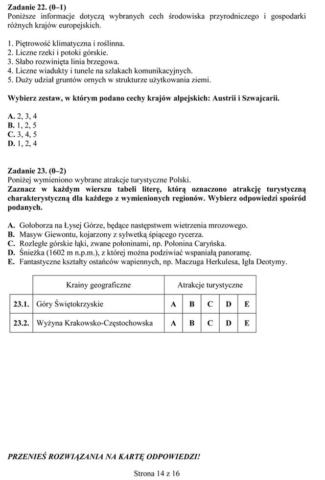 EGZAMIN GIMNAZJALNY 2014 PRZYRODA, BIOLOGIA, GEOGRAFIA: ARKUSZE OFICJALNE Z CKE + ODPOWIEDZI