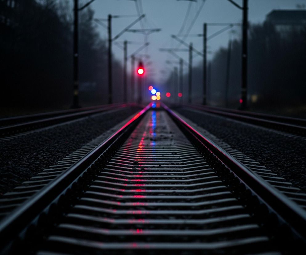 Dwa rzędy torów kolejowych rozciągają się ku horyzontowi, z metalowymi szynami lśniącymi w blasku odbitych świateł. Żwir między podkładami jest ciemny. W tle widać niewyraźne drzewa i elementy trakcji kolejowej, a na końcu torów widoczne są rozmyte czerwone i niebieskie światła, odbijające się w mokrej nawierzchni torów. Całość utrzymana jest w ciemnej, chłodnej tonacji kolorystycznej.