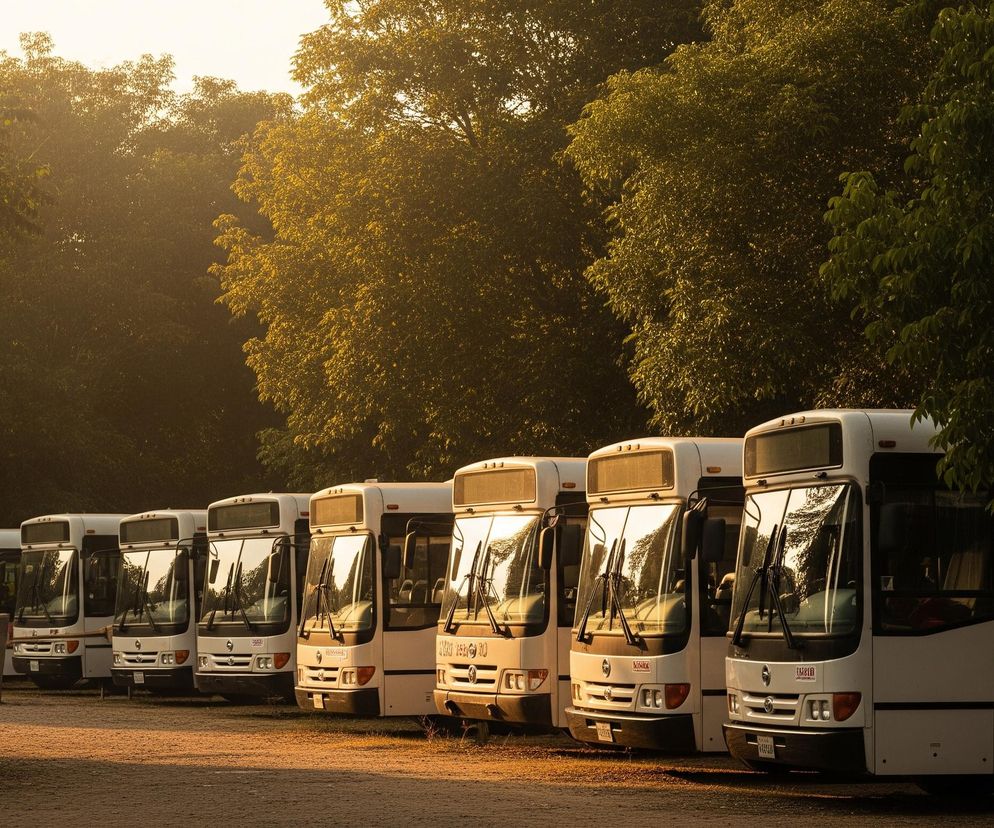 Rząd białych autobusów z ciemnymi, przyciemnianymi szybami, zaparkowany jest na utwardzonym placu. Słońce, znajdujące się w tle po lewej stronie, rzuca długie cienie na ziemię i oświetla liście drzew, które tworzą gęstą ścianę zieleni za pojazdami. Niebo, widoczne za drzewami, ma jasny, żółto-pomarańczowy odcień, wskazujący na wschód lub zachód słońca.