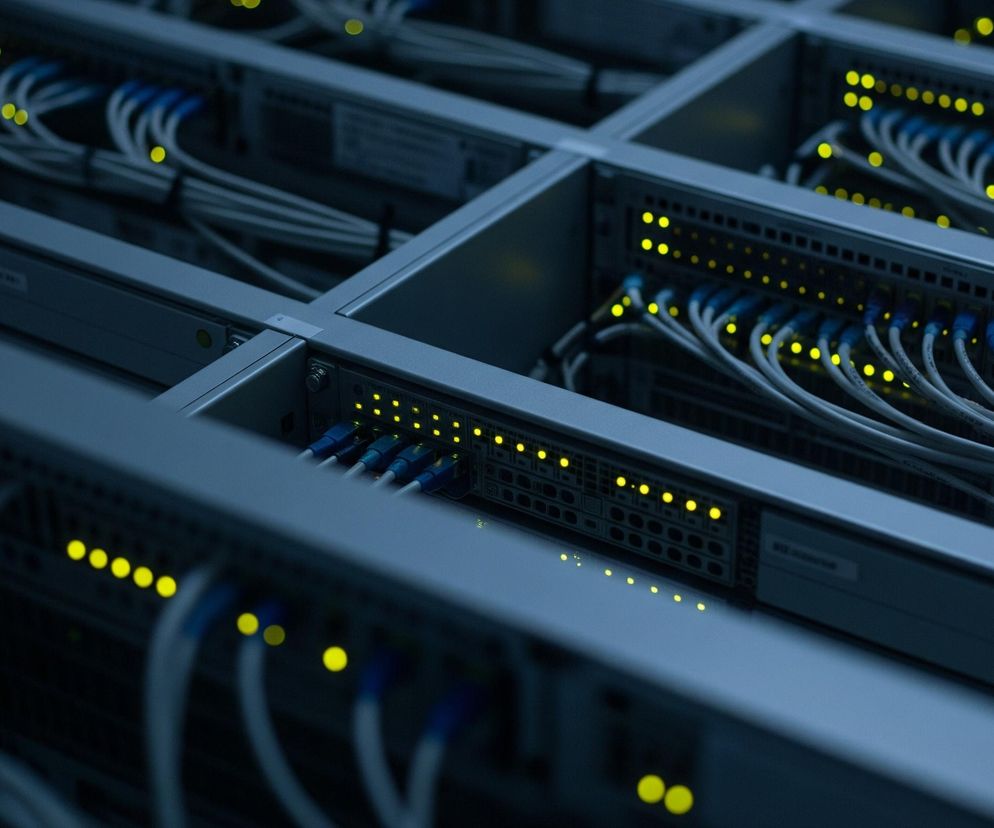 Szereg serwerów lub przełączników sieciowych, ułożonych w rzędach, wypełnia całą przestrzeń obrazu. Wiele białych i niebieskich kabli sieciowych jest podłączonych do przednich paneli urządzeń, a za nimi widoczne są gęsto ułożone wiązki kabli. Liczne żółte diody LED, umieszczone na panelach, jasno świecą, tworząc wizualny wzór aktywności. Całość utrzymana jest w ciemnej, niebieskawo-szarej tonacji.