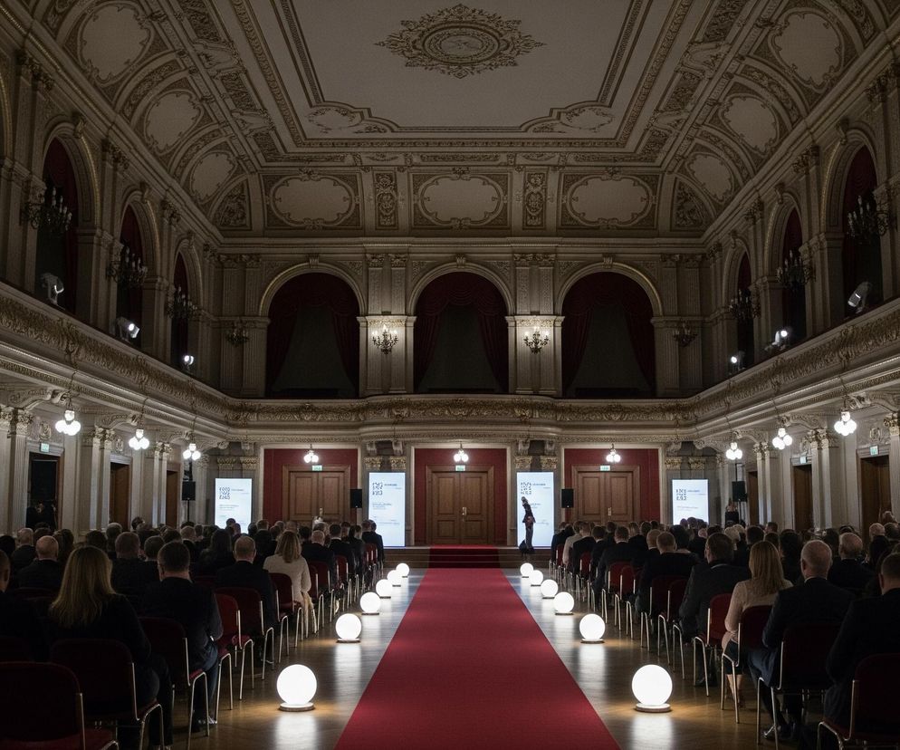 W przestronnej, bogato zdobionej sali z wysokim, sztukateryjnym sufitem, na czerwonym dywanie biegnącym przez środek pomieszczenia, rozmieszczono rząd świecących kulistych lamp. Widownia, złożona z osób siedzących w rzędach krzeseł po obu stronach dywanu, skierowana jest w stronę podwyższenia z dwoma pionowymi, białymi ekranami z tekstem po bokach centralnego podium. Na podwyższeniu, przy podium, stoi postać w ciemnym ubraniu. Ściany sali są ozdobione kolumnami, gzymsami i szeregiem arkadowych wnęk z czerwonymi zasłonami na wyższych piętrach, a także licznymi kinkietami i żyrandolami, które delikatnie oświetlają wnętrze.