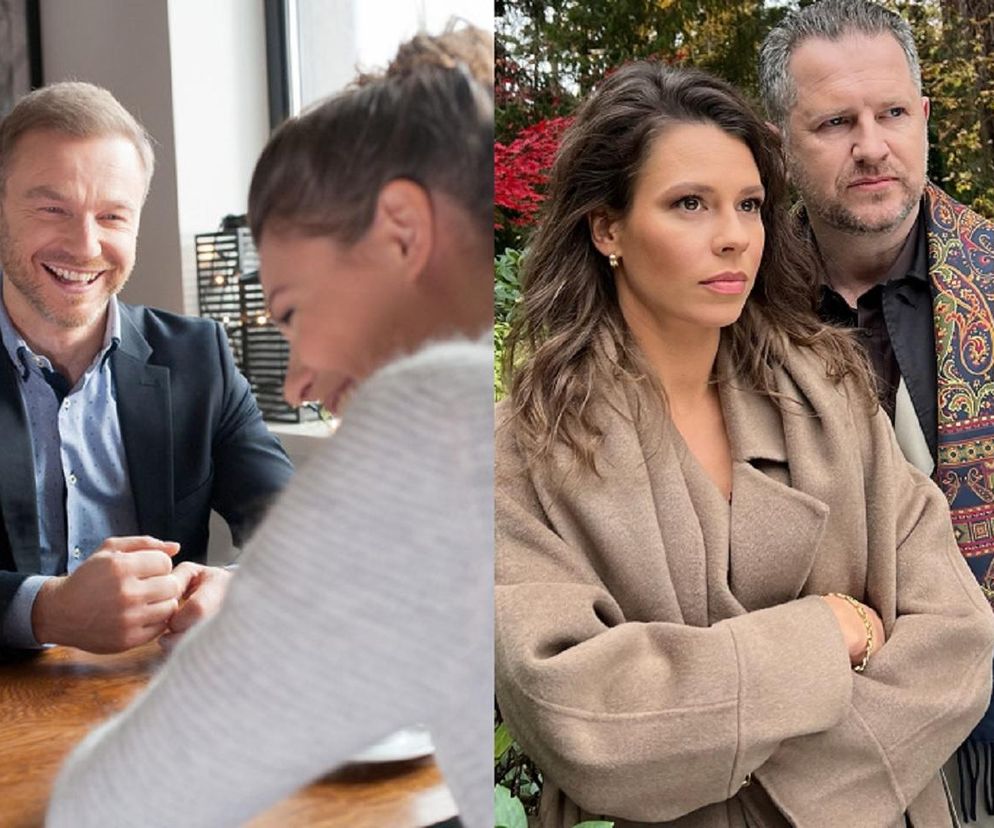 Zestawienie dwóch zdjęć: po lewej Krystian Wieczorek i Maria Szafirska, uśmiechnięci, siedzący przy stole, po prawej Maria Wieczorek w beżowym płaszczu i Marcin Piętowski w ciemnej marynarce z kolorową apaszką na zewnątrz. Więcej o ich powrocie do serialu M jak miłość przeczytasz na Super Seriale.