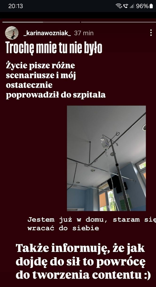 Karina Woźniak (Basia z M jak miłość) w szpitalu