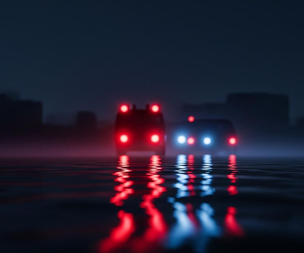 Dwa pojazdy, jeden z czerwonymi światłami z tyłu i drugi z niebieskimi światłami z przodu, poruszają się po mokrej nawierzchni w ciemnym otoczeniu. Światła pojazdów odbijają się w wodzie, tworząc smugi jasnych kolorów na ciemnej, falującej powierzchni. Na horyzoncie widoczne są zarysy budynków, sugerujące miejski krajobraz. Cała scena jest zdominowana przez ciemne odcienie granatu i fioletu, z intensywnymi punktami światła.