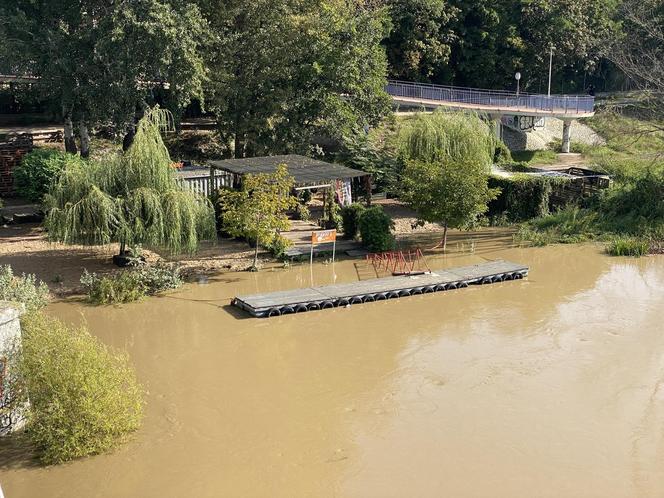  ZOO Wrocław. Umacnianie wałów, układanie worków z piaskiem