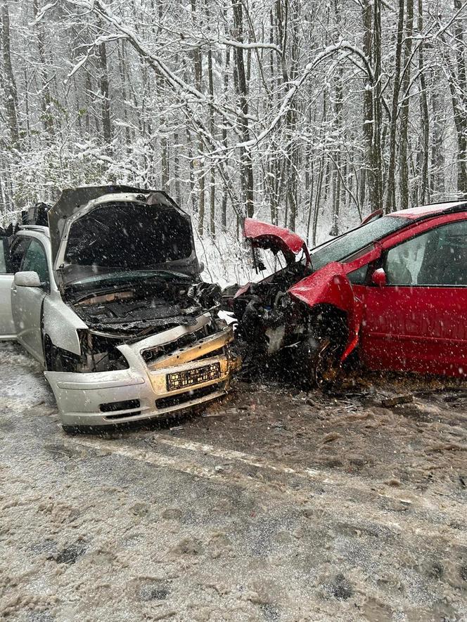 Czołowe zderzenie na DW 214 w Pałubicach. W wypadku poszkodowanych zostało pięć osób