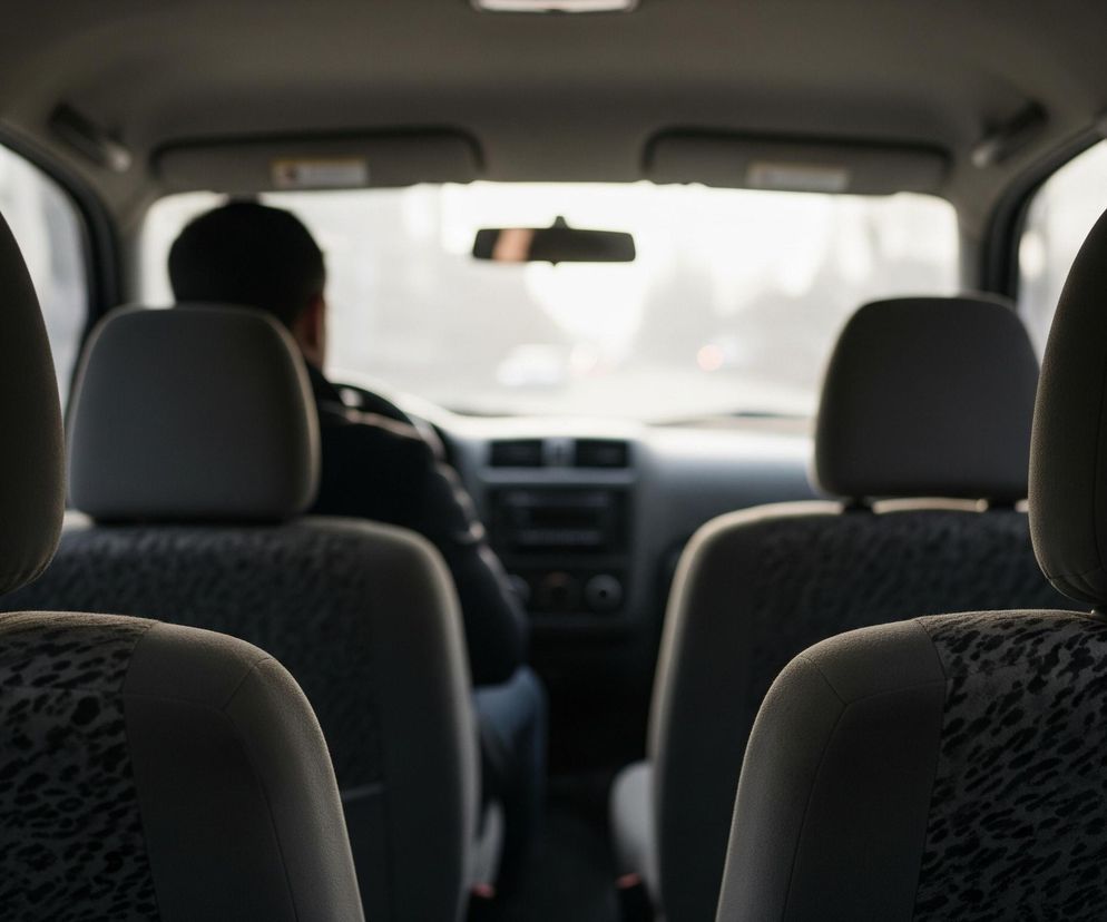 Wnętrze samochodu oglądane z tylnego siedzenia, z wyraźnie widocznym oparciem dwóch przednich foteli. Fotele są w większości szare, z ciemniejszym wzorem przypominającym cętki na środkowej części. Pomiędzy fotelami widać tył głowy kierowcy oraz fragment kokpitu, kierownicy i lusterko wsteczne. Przez przednią szybę wpada jasne, rozproszone światło, tworząc rozmyty, jasny krajobraz.