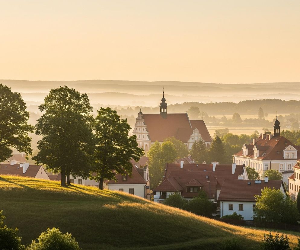 Scena ukazuje rozległy krajobraz o wschodzie słońca, z ciepłym, złotym światłem i mglistą atmosferą. Na pierwszym planie, z lewej strony, wznosi się zielone wzgórze pokryte trawą, na którym stoją trzy rozłożyste drzewa o gęstych koronach, rzucające długie cienie. Za wzgórzem rozciąga się wiejska zabudowa z licznymi domami o czerwonych dachach i białych fasadach, a w centrum widnieje duży, zabytkowy kościół z wysokim dachem i wieżą, otoczony zielenią drzew. W tle rozpościera się mglista dolina z zarysami lasów i pól, przechodząca w dalekie, zamglone pasma wzniesień pod jasnym, bezchmurnym niebem.