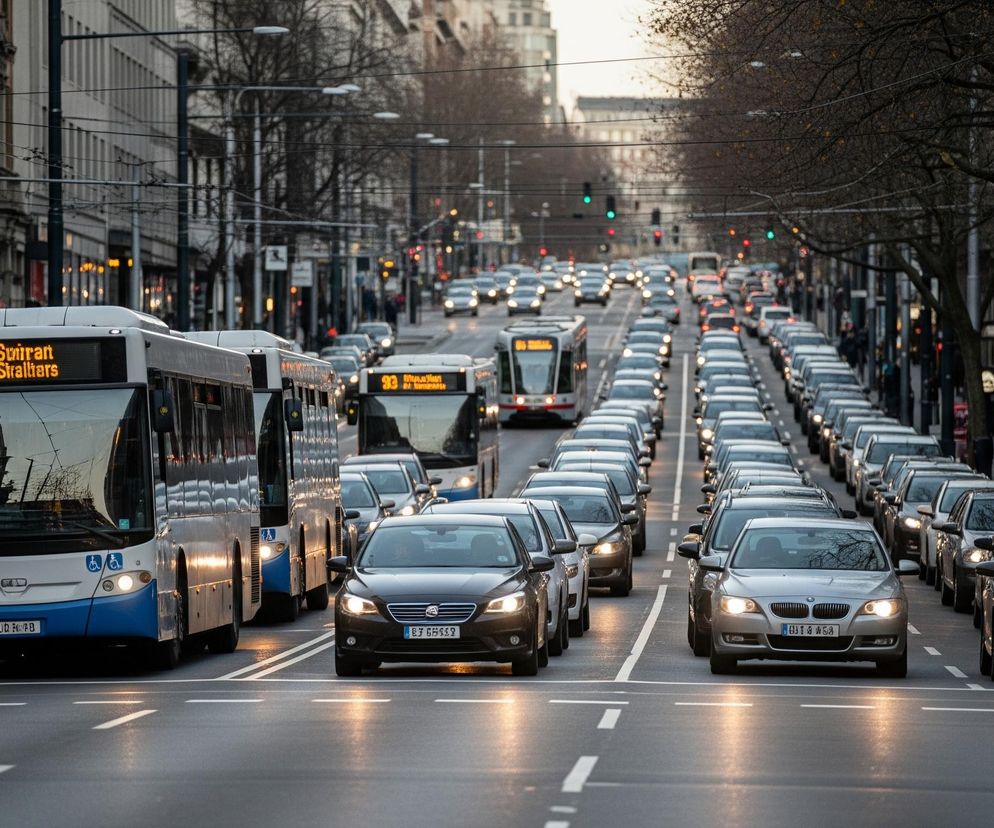 Na pierwszym planie, po lewej stronie, widoczny jest jasnoniebiesko-biały autobus miejski z żółtym numerem linii 32 i napisem Svirran Strallars na elektronicznym wyświetlaczu. Obok niego, na sąsiednim pasie, stoją samochody osobowe, w tym ciemny sedan z włączonymi światłami. Ulica, na której panuje duży ruch, podzielona jest białymi liniami, a mokra nawierzchnia odbija światła pojazdów. W tle, po obu stronach drogi, rozciągają się rzędy budynków i drzew z nagimi gałęziami, wskazując na porę roku bez liści.