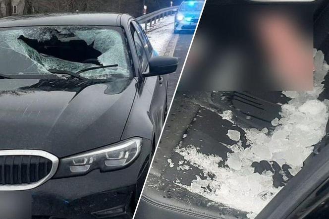 Bryła lodu przebiła szybę i uderzyła kierowcę w twarz. 23-latek miał dużo szczęścia. Trafił do szpitala