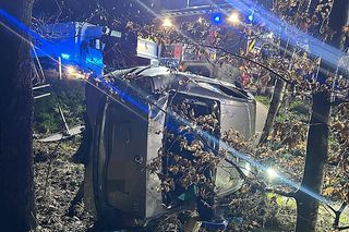 Wypadek na DK1 w Kobiórze. Samochód staranował tablicę informacyjną