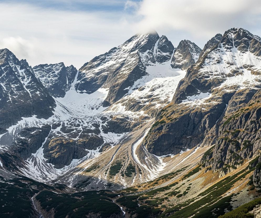 Rozległy, górski krajobraz ukazuje pasmo skalistych szczytów częściowo pokrytych śniegiem. W centrum dominują trzy główne wierzchołki, z których środkowy jest najwyższy i ma na szczycie pasmo białych chmur. Zbocza gór są mieszanką ciemnych, szarych skał, białego śniegu i żółtawo-zielonych traw lub mchów, tworząc wyraźne kontrasty. Dno doliny jest ciemniejsze, z gęstą, zieloną roślinnością i widocznymi strumieniami lub spływającymi wodami, które zygzakowato przecinają teren.