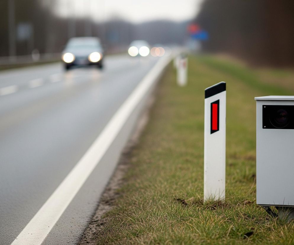 Na pierwszym planie, z prawej strony, stoi szare, prostopadłościenne urządzenie z czarnym panelem i okrągłym obiektywem, otoczone zieloną trawą. Obok niego, nieco z lewej, znajduje się biały słupek z czarnym i czerwonym elementem odblaskowym na górze. W tle widać mokrą, asfaltową drogę z dwoma samochodami jadącymi w kierunku patrzącego, ich reflektory są wyraźnie widoczne, a krajobraz wokół drogi jest rozmyty.