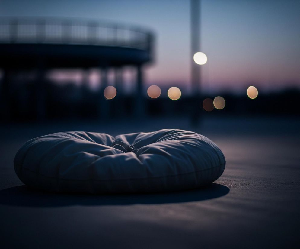 Centralnym elementem obrazu jest jasnoszara, puszysta poduszka w kształcie koła z wgłębieniem pośrodku, leżąca na ciemnym podłożu. Poduszka rzuca wyraźny cień w prawo. Tło jest rozmyte, ukazując stopniowe przejście kolorów nieba od ciemnego błękitu na górze do delikatnego różu i fioletu w środkowej części. W tle widoczne są rozmyte światła, przypominające bokeh, oraz zarys budynku z zaokrągloną balustradą.