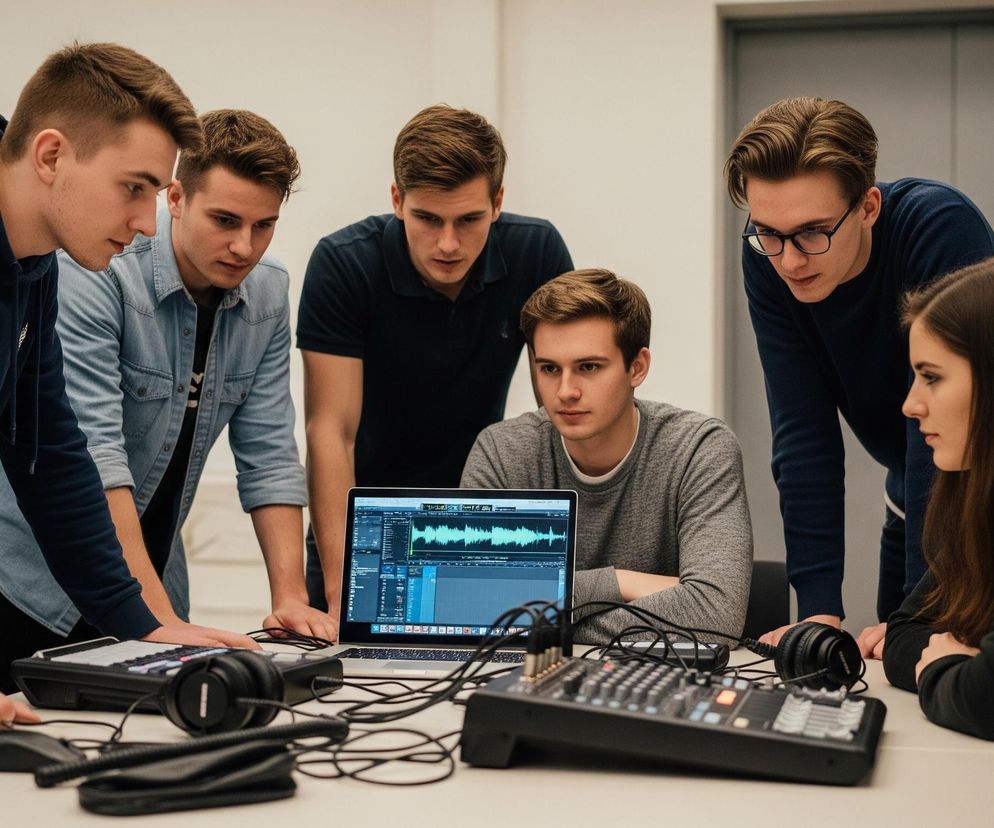 Sześć młodych osób, pięciu mężczyzn i jedna kobieta, pochyla się nad białym stołem, na którym znajduje się laptop, kontroler MIDI oraz mikser audio. Wszyscy patrzą skupieni na ekran laptopa, gdzie widać interfejs programu do edycji dźwięku z przebiegami falowymi. Mężczyzna pośrodku siedzi, opierając ręce na blacie, podczas gdy pozostali stoją wokół, z rękami również na stole. Na dalszym planie widoczna jest jasna ściana i szare drzwi.