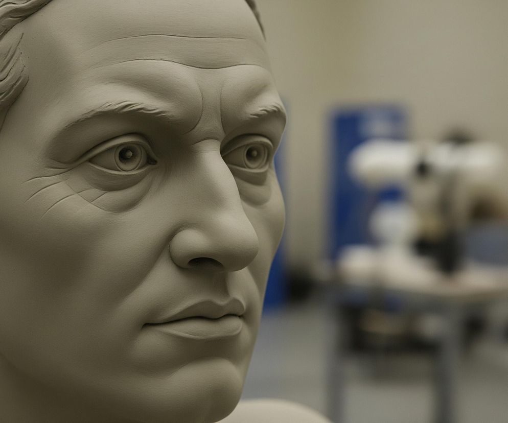 Na pierwszym planie, z lewej strony, widać rzeźbioną głowę mężczyzny, wykonaną z jasnoszarej gliny lub innego materiału ceramicznego. Postać ma realistyczne rysy twarzy, w tym wyraźne zmarszczki wokół oczu i na czole, mocno zarysowane brwi, a także delikatnie zarysowane fale włosów. W tle widoczne są rozmyte obiekty i fragmenty pomieszczenia w odcieniach szarości i błękitu, sugerujące pracownię lub warsztat.