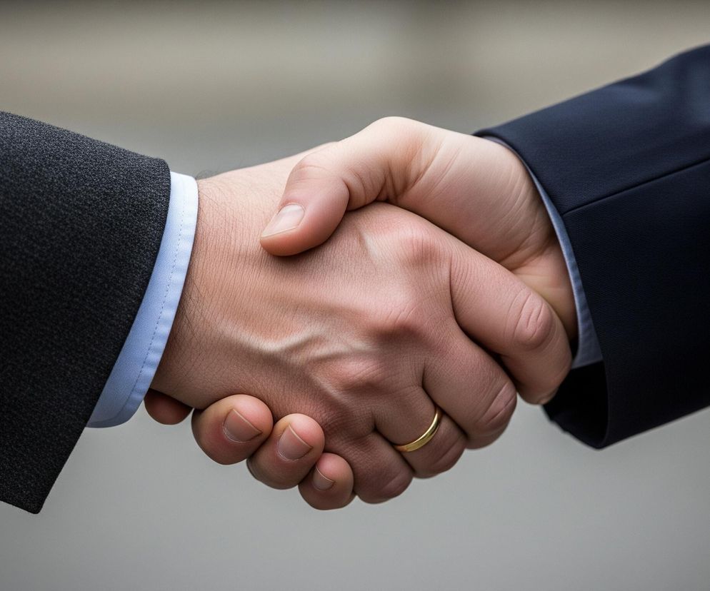 Dwie osoby, prawdopodobnie mężczyźni, ściskają sobie dłonie w geście powitania lub zawarcia umowy. Lewa ręka ubrana jest w szarą marynarkę i jasnoniebieską koszulę, z czterema ciemnymi guzikami widocznymi na mankiecie. Na palcu serdecznym lewej dłoni widnieje złota obrączka. Prawa dłoń, odziana w ciemnogranatową marynarkę, trzyma mocno lewą rękę. Tło jest rozmyte, o jasnoszarym, jednolitym kolorze.