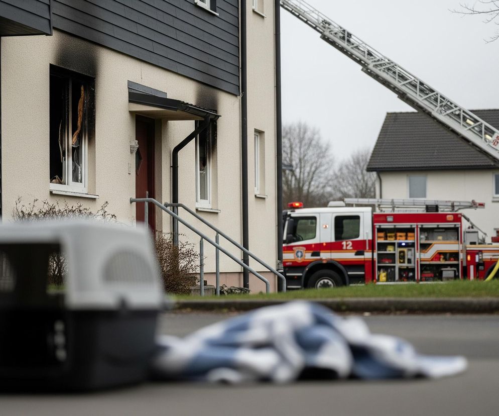 Na pierwszym planie, w dolnej części kadru, po lewej stronie znajduje się nieostre czarne transporter dla zwierząt z białą pokrywą. Obok niego, bliżej centrum, leży złożony biało-niebieski koc. W tle widoczny jest dwupiętrowy budynek mieszkalny o beżowych ścianach i ciemnym, szarym deskowaniu na piętrze. Okna i drzwi wejściowe na parterze są okopcone, a jedno z okien ma uszkodzoną ramę i widoczne we wnętrzu zgliszcza. Po prawej stronie budynku stoi czerwony wóz strażacki z wysuniętą drabiną, której koniec kieruje się ku górze. Na wozie widoczny jest numer 12 oraz 182 na wysuniętej drabinie.