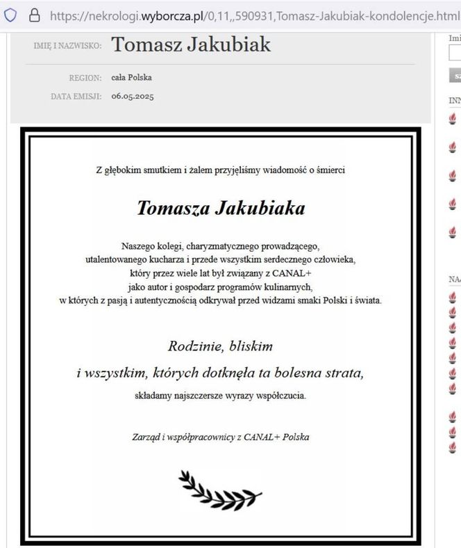 Nekrolog Tomasza Jakubiaka na stronie nekrologi.wyborcza.pl